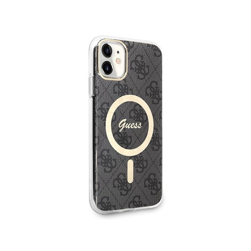 Guess 4G Print MagSafe dėklas, skirtas iPhone 11 + indukcinis įkroviklis - juodas