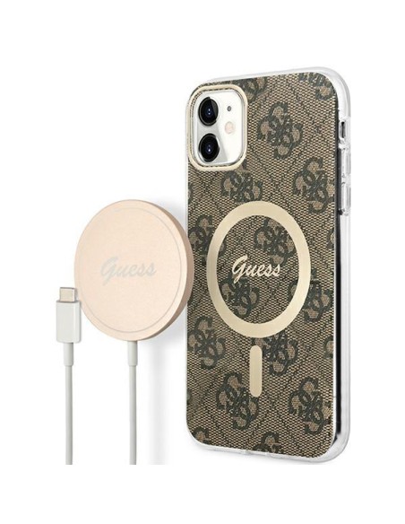 Guess 4G Print MagSafe dėklas, skirtas iPhone 11 + indukcinis įkroviklis - rudas Guess 4G Print MagSafe dėklas, skirtas iPhone 11 + indukcinis įkroviklis - rudas