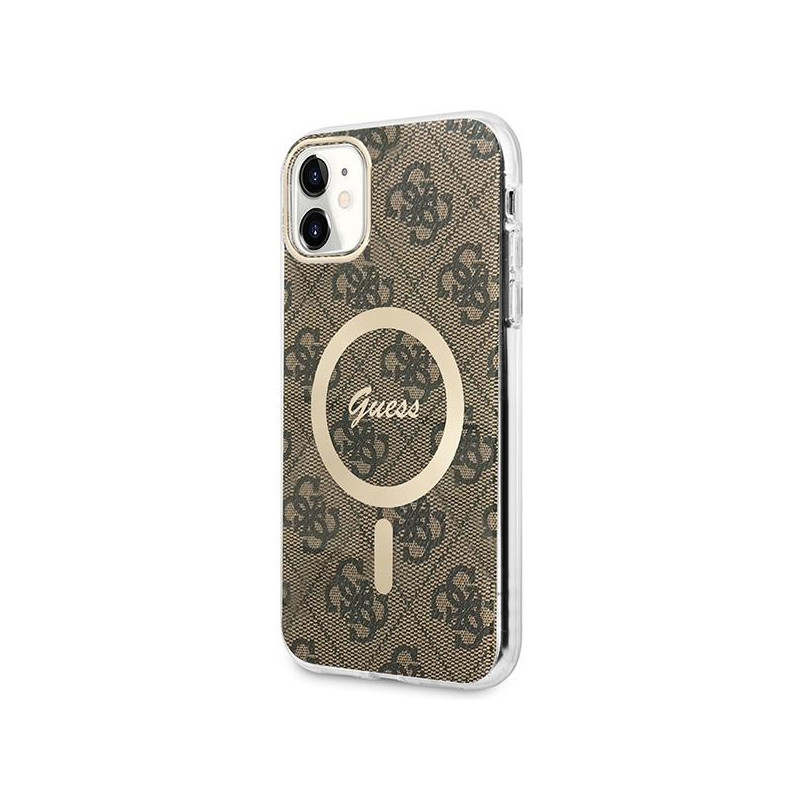 Guess 4G Print MagSafe dėklas, skirtas iPhone 11 + indukcinis įkroviklis - rudas