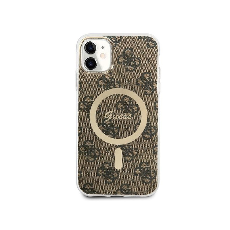 Guess 4G Print MagSafe dėklas, skirtas iPhone 11 + indukcinis įkroviklis - rudas