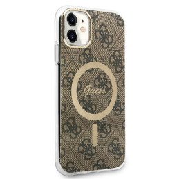 Guess 4G Print MagSafe dėklas, skirtas iPhone 11 + indukcinis įkroviklis - rudas