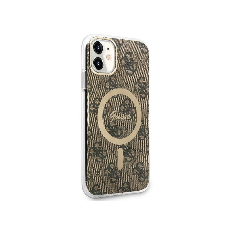 Guess 4G Print MagSafe dėklas, skirtas iPhone 11 + indukcinis įkroviklis - rudas