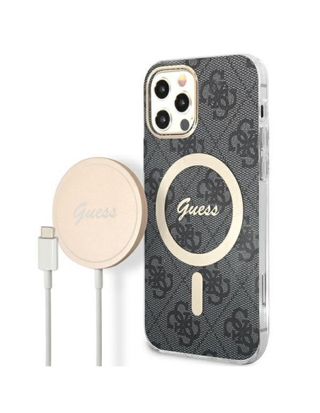 Guess 4G Print MagSafe dėklas, skirtas iPhone 12 / iPhone 12 Pro + indukcinis įkroviklis - juodas Guess 4G Print MagSafe dėklas, skirtas iPhone 12 / iPhone 12 Pro + indukcinis įkroviklis - juodas