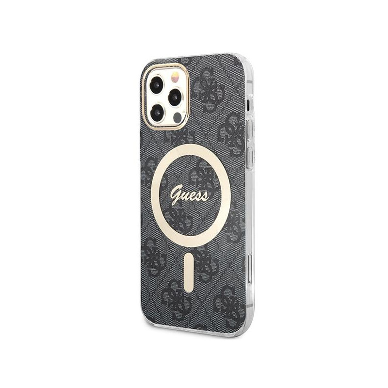 Guess 4G Print MagSafe dėklas, skirtas iPhone 12 / iPhone 12 Pro + indukcinis įkroviklis - juodas