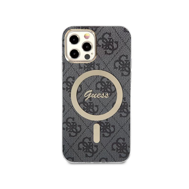 Guess 4G Print MagSafe dėklas, skirtas iPhone 12 / iPhone 12 Pro + indukcinis įkroviklis - juodas