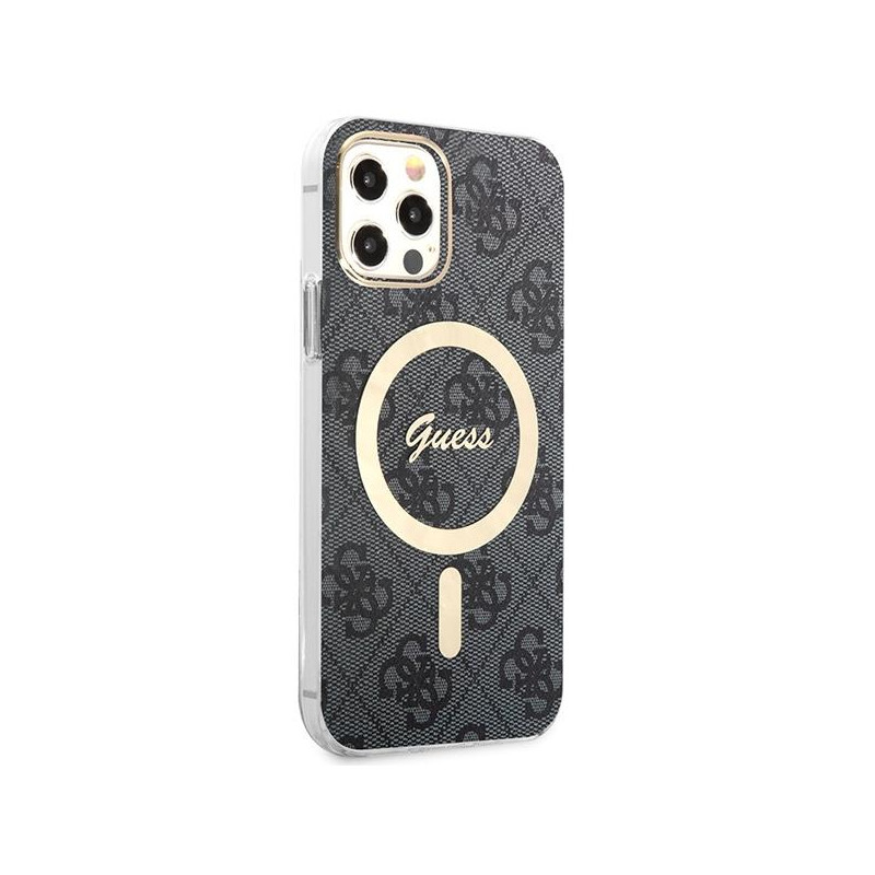Guess 4G Print MagSafe dėklas, skirtas iPhone 12 / iPhone 12 Pro + indukcinis įkroviklis - juodas