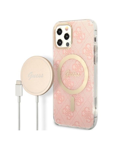 Guess 4G Print MagSafe dėklas, skirtas iPhone 12 / iPhone 12 Pro + indukcinis įkroviklis - rožinė Guess 4G Print MagSafe dėklas, skirtas iPhone 12 / iPhone 12 Pro + indukcinis įkroviklis - rožinė