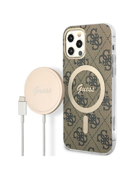 Guess 4G Print MagSafe dėklas, skirtas iPhone 12 / iPhone 12 Pro + indukcinis įkroviklis - ruda Guess 4G Print MagSafe dėklas, skirtas iPhone 12 / iPhone 12 Pro + indukcinis įkroviklis - ruda