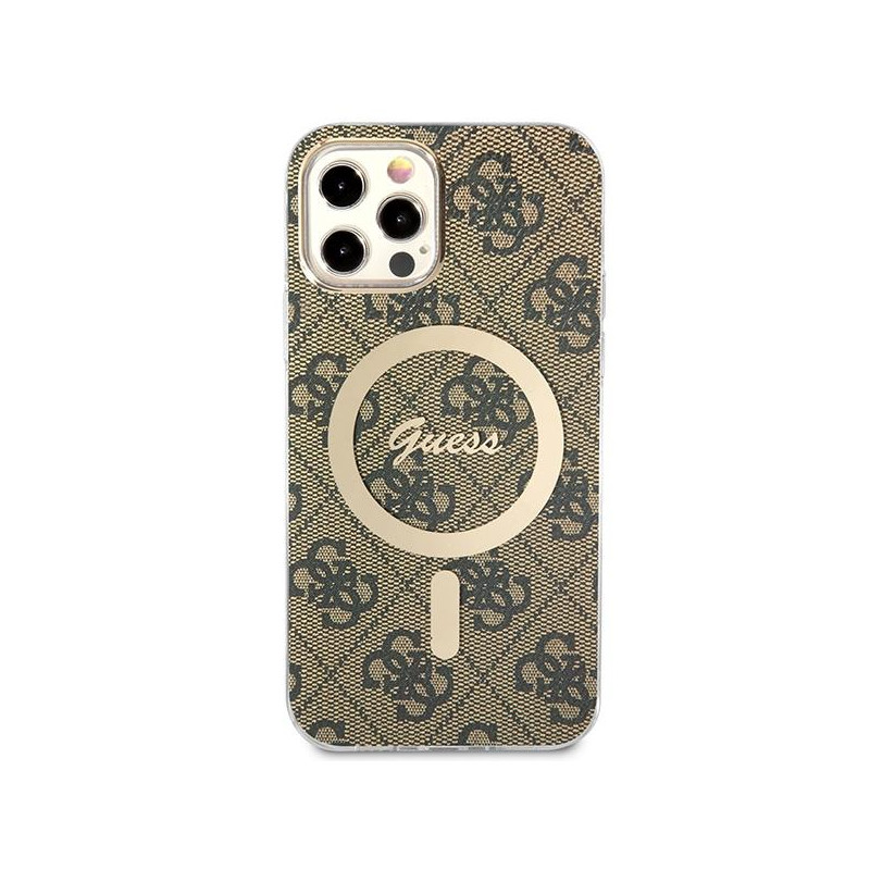 Guess 4G Print MagSafe dėklas, skirtas iPhone 12 / iPhone 12 Pro + indukcinis įkroviklis - ruda