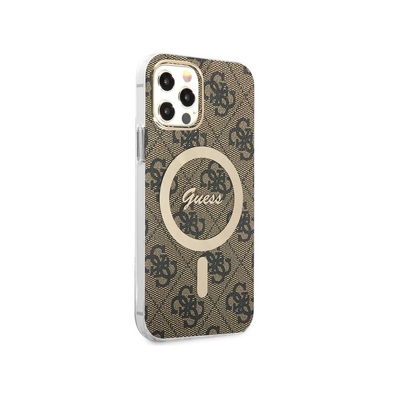 Guess 4G Print MagSafe dėklas, skirtas iPhone 12 / iPhone 12 Pro + indukcinis įkroviklis - ruda