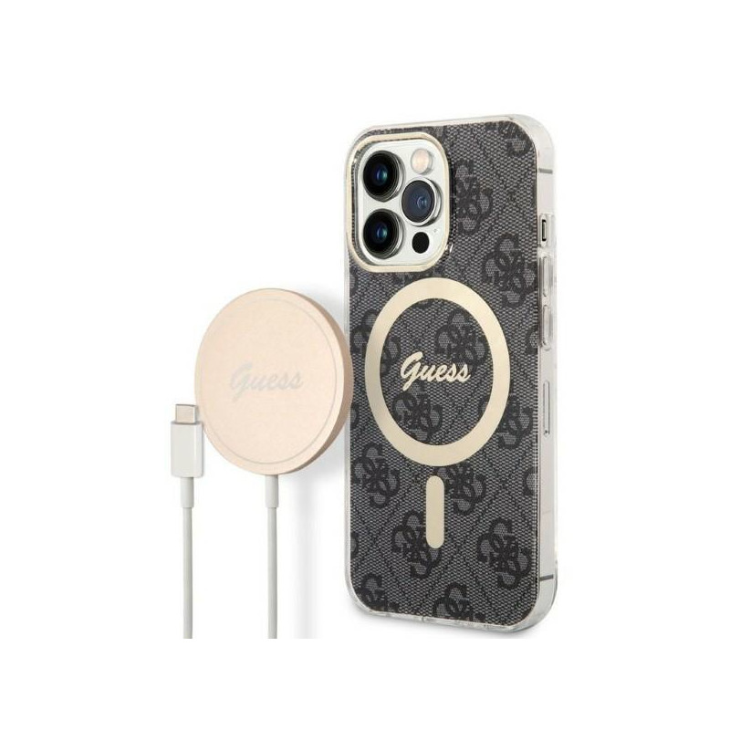 Guess 4G Print MagSafe dėklas skirtas iPhone 13 Pro + indukcinis įkroviklis - juodas Guess 4G Print MagSafe dėklas skirtas iPhone 13 Pro + indukcinis įkroviklis - juodas