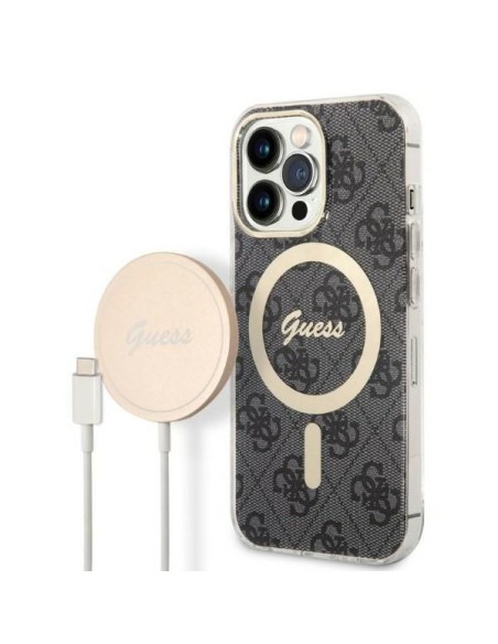Guess 4G Print MagSafe dėklas skirtas iPhone 13 Pro + indukcinis įkroviklis - juodas Guess 4G Print MagSafe dėklas skirtas iPhone 13 Pro + indukcinis įkroviklis - juodas