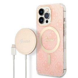 Guess 4G Print MagSafe dėklas, skirtas iPhone 13 Pro + indukcinis įkroviklis - rožinė