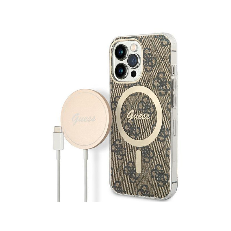 Guess 4G Print MagSafe dėklas skirtas iPhone 13 Pro + indukcinis įkroviklis - rudas Guess 4G Print MagSafe dėklas skirtas iPhone 13 Pro + indukcinis įkroviklis - rudas