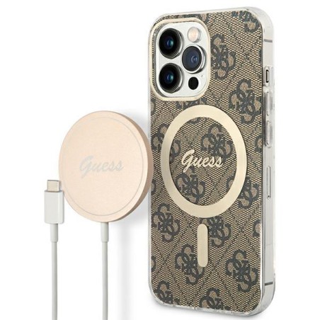 Guess 4G Print MagSafe dėklas skirtas iPhone 13 Pro + indukcinis įkroviklis - rudas Guess 4G Print MagSafe dėklas skirtas iPhone 13 Pro + indukcinis įkroviklis - rudas