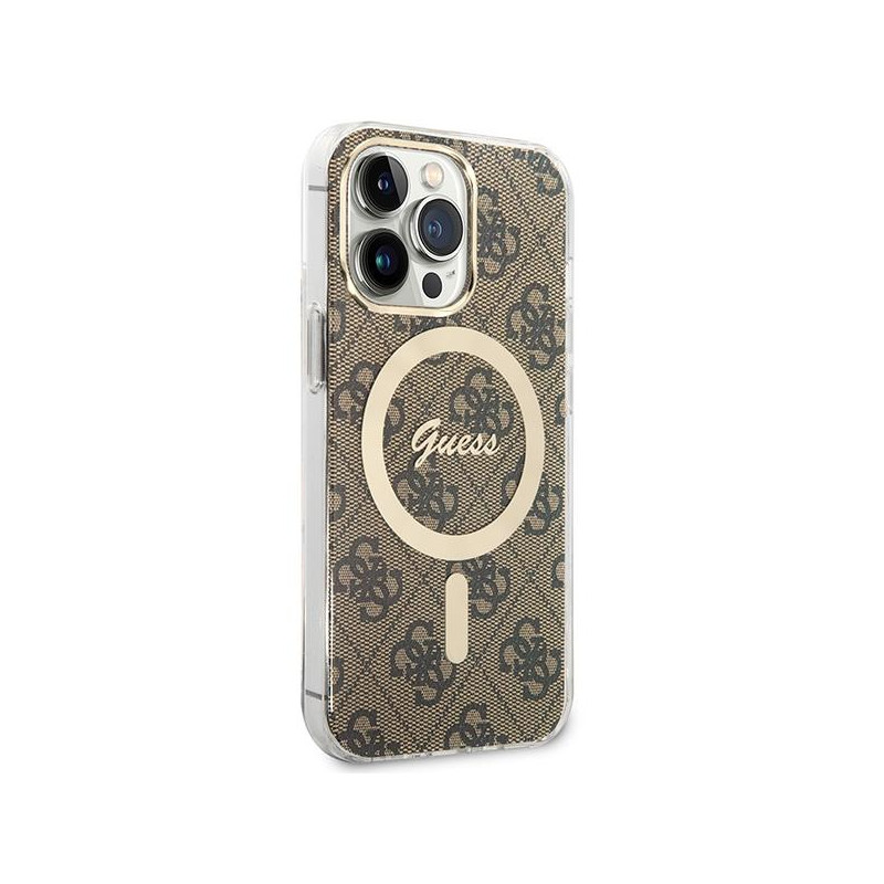 Guess 4G Print MagSafe dėklas skirtas iPhone 13 Pro + indukcinis įkroviklis - rudas
