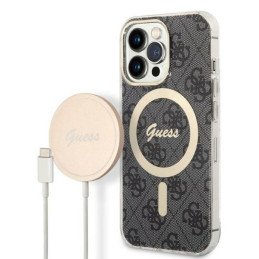 Guess 4G Print MagSafe dėklas, skirtas iPhone 13 Pro Max + indukcinis įkroviklis - juodas