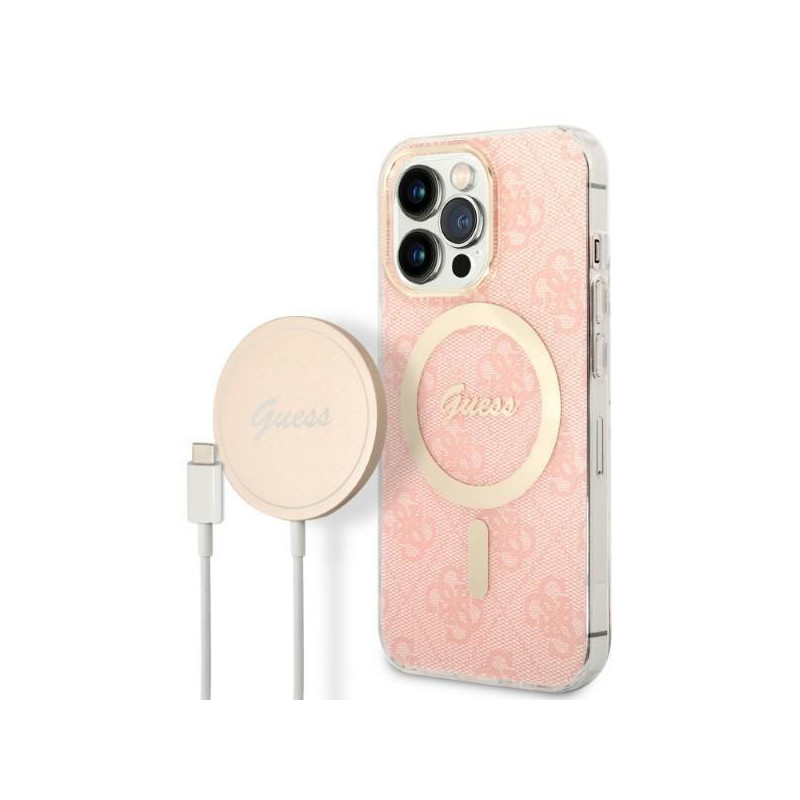 Guess 4G Print MagSafe dėklas, skirtas iPhone 13 Pro Max + indukcinis įkroviklis - rožinis Guess 4G Print MagSafe dėklas, skirtas iPhone 13 Pro Max + indukcinis įkroviklis - rožinis