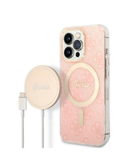 Guess 4G Print MagSafe dėklas, skirtas iPhone 13 Pro Max + indukcinis įkroviklis - rožinis Guess 4G Print MagSafe dėklas, skirtas iPhone 13 Pro Max + indukcinis įkroviklis - rožinis
