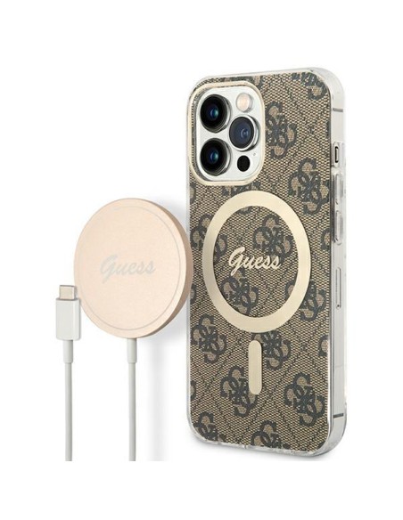 Guess 4G Print MagSafe dėklas, skirtas iPhone 13 Pro Max + indukcinis įkroviklis - rudas Guess 4G Print MagSafe dėklas, skirtas iPhone 13 Pro Max + indukcinis įkroviklis - rudas