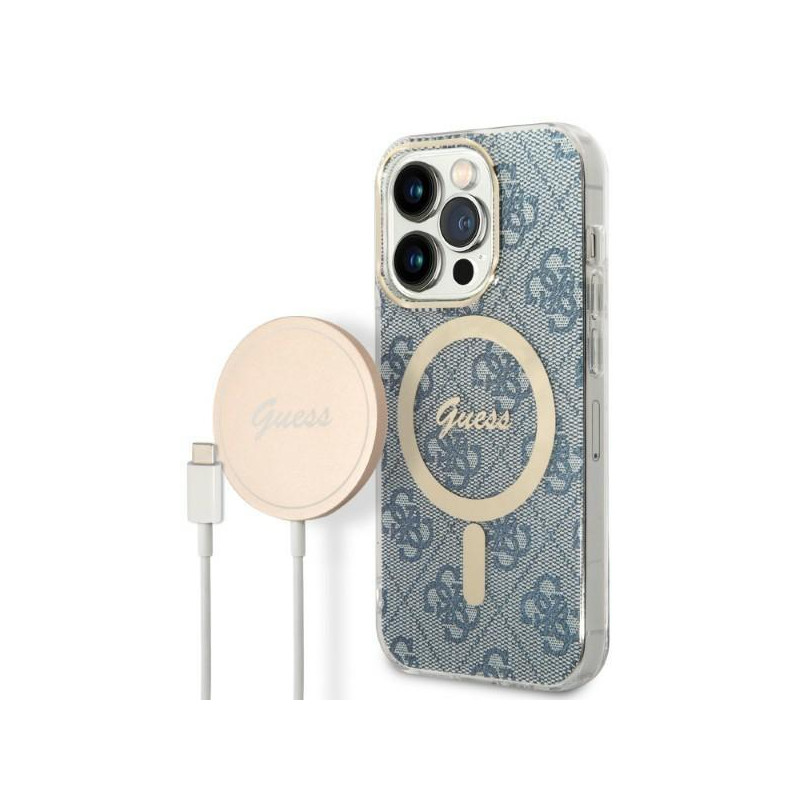 Guess 4G Print MagSafe dėklas skirtas iPhone 14 Pro + indukcinis įkroviklis - mėlynas