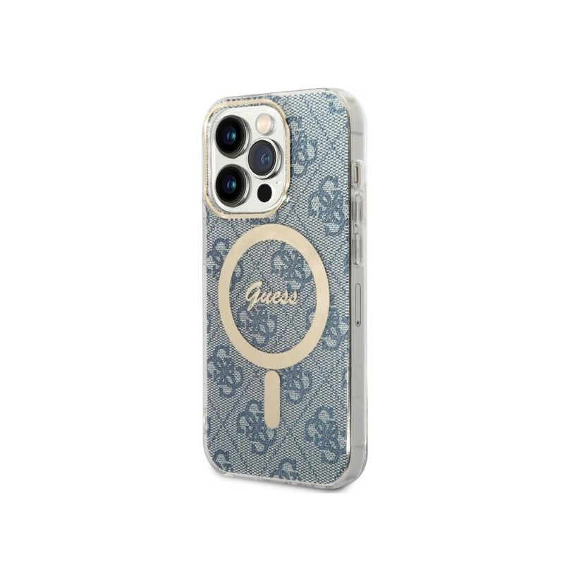 Guess 4G Print MagSafe dėklas skirtas iPhone 14 Pro + indukcinis įkroviklis - mėlynas