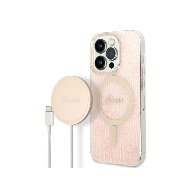 Guess 4G Print MagSafe dėklas, skirtas iPhone 14 Pro + indukcinis įkroviklis - rožinė