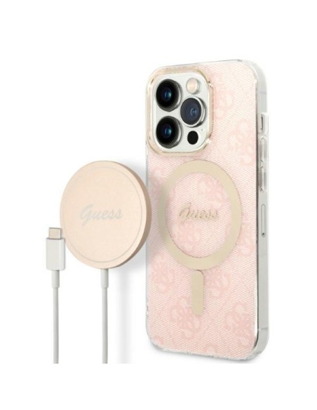 Guess 4G Print MagSafe dėklas, skirtas iPhone 14 Pro + indukcinis įkroviklis - rožinė Guess 4G Print MagSafe dėklas, skirtas iPhone 14 Pro + indukcinis įkroviklis - rožinė