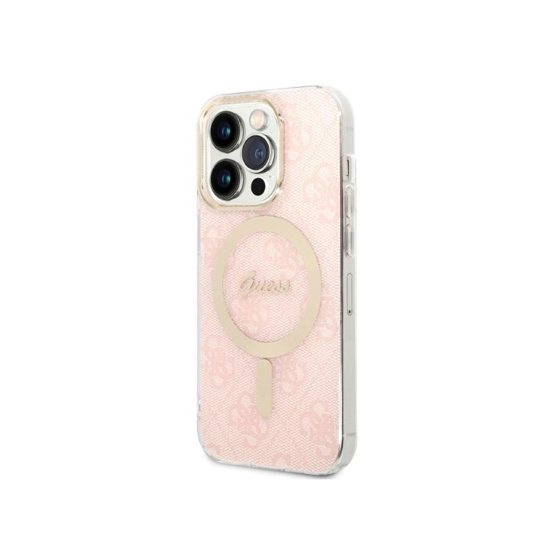 Guess 4G Print MagSafe dėklas, skirtas iPhone 14 Pro + indukcinis įkroviklis - rožinė