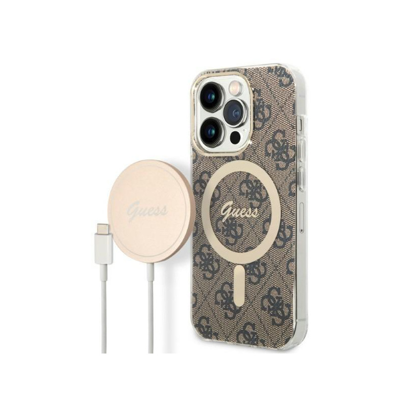 Guess 4G Print MagSafe dėklas skirtas iPhone 14 Pro + indukcinis įkroviklis - rudas Guess 4G Print MagSafe dėklas skirtas iPhone 14 Pro + indukcinis įkroviklis - rudas