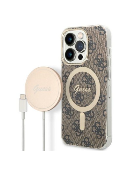 Guess 4G Print MagSafe dėklas skirtas iPhone 14 Pro + indukcinis įkroviklis - rudas Guess 4G Print MagSafe dėklas skirtas iPhone 14 Pro + indukcinis įkroviklis - rudas