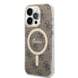 Guess 4G Print MagSafe dėklas skirtas iPhone 14 Pro + indukcinis įkroviklis - rudas