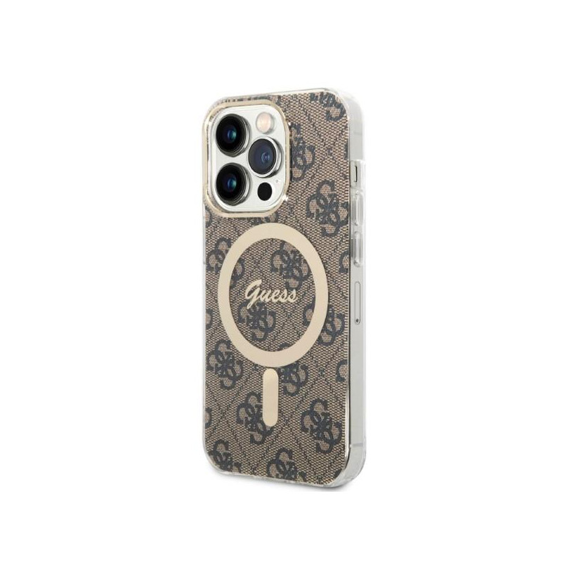 Guess 4G Print MagSafe dėklas skirtas iPhone 14 Pro + indukcinis įkroviklis - rudas