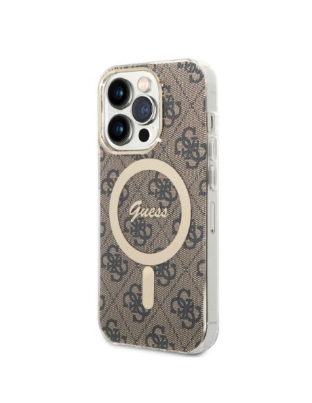 Guess 4G Print MagSafe dėklas skirtas iPhone 14 Pro + indukcinis įkroviklis - rudas Guess 4G Print MagSafe dėklas skirtas iPhone 14 Pro + indukcinis įkroviklis - rudas