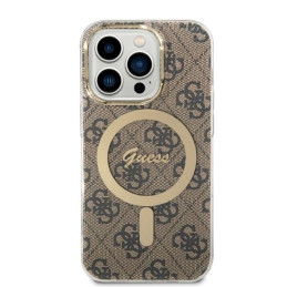 Guess 4G Print MagSafe dėklas skirtas iPhone 14 Pro + indukcinis įkroviklis - rudas
