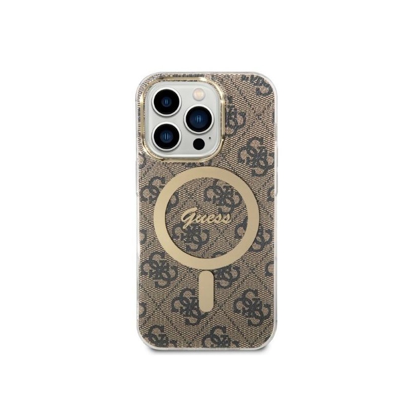 Guess 4G Print MagSafe dėklas skirtas iPhone 14 Pro + indukcinis įkroviklis - rudas