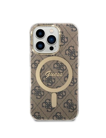 Guess 4G Print MagSafe dėklas skirtas iPhone 14 Pro + indukcinis įkroviklis - rudas Guess 4G Print MagSafe dėklas skirtas iPhone 14 Pro + indukcinis įkroviklis - rudas
