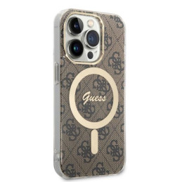 Guess 4G Print MagSafe dėklas skirtas iPhone 14 Pro + indukcinis įkroviklis - rudas