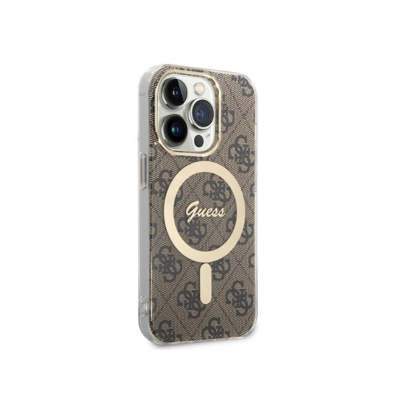 Guess 4G Print MagSafe dėklas skirtas iPhone 14 Pro + indukcinis įkroviklis - rudas