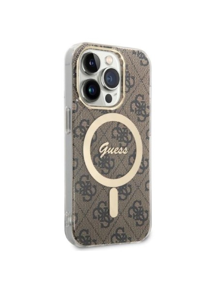 Guess 4G Print MagSafe dėklas skirtas iPhone 14 Pro + indukcinis įkroviklis - rudas Guess 4G Print MagSafe dėklas skirtas iPhone 14 Pro + indukcinis įkroviklis - rudas