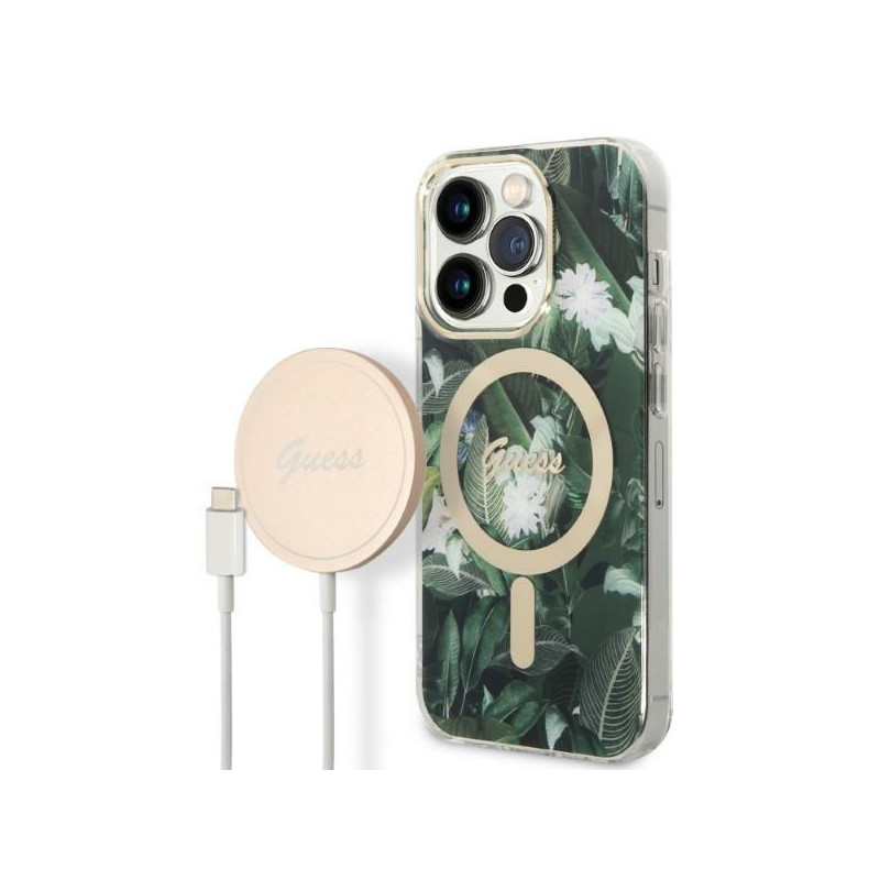 Guess Jungle MagSafe dėklas skirtas iPhone 14 Pro + indukcinis įkroviklis - žalias