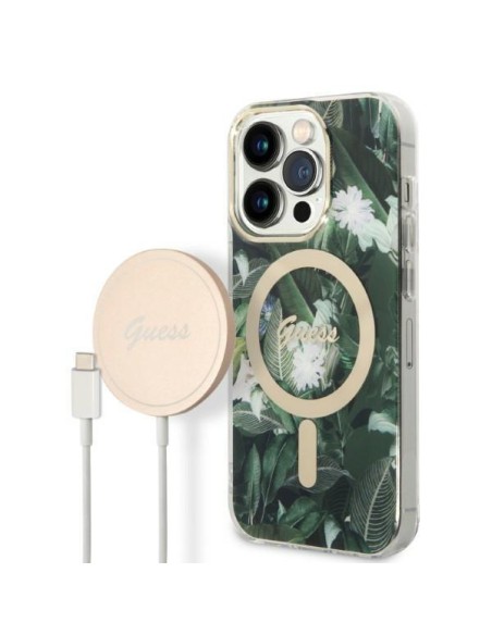 Guess Jungle MagSafe dėklas skirtas iPhone 14 Pro + indukcinis įkroviklis - žalias Guess Jungle MagSafe dėklas skirtas iPhone 14 Pro + indukcinis įkroviklis - žalias