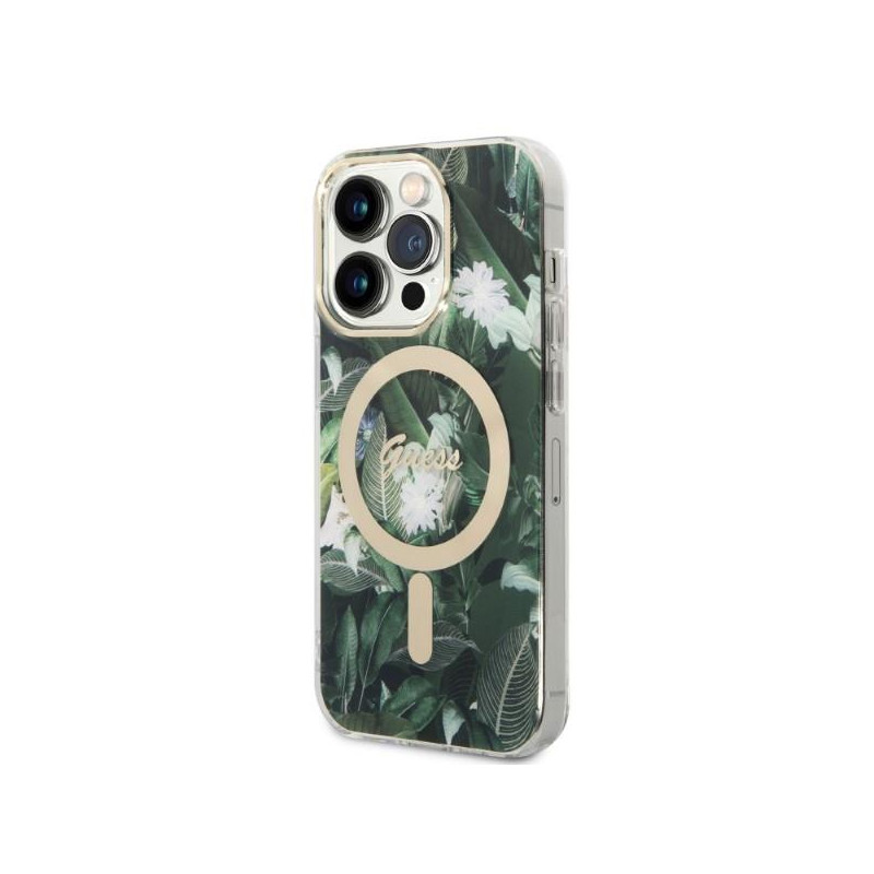 Guess Jungle MagSafe dėklas skirtas iPhone 14 Pro + indukcinis įkroviklis - žalias