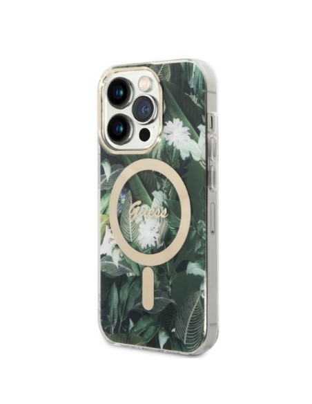 Guess Jungle MagSafe dėklas skirtas iPhone 14 Pro + indukcinis įkroviklis - žalias Guess Jungle MagSafe dėklas skirtas iPhone 14 Pro + indukcinis įkroviklis - žalias