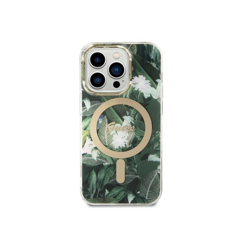 Guess Jungle MagSafe dėklas skirtas iPhone 14 Pro + indukcinis įkroviklis - žalias