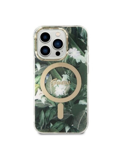 Guess Jungle MagSafe dėklas skirtas iPhone 14 Pro + indukcinis įkroviklis - žalias Guess Jungle MagSafe dėklas skirtas iPhone 14 Pro + indukcinis įkroviklis - žalias