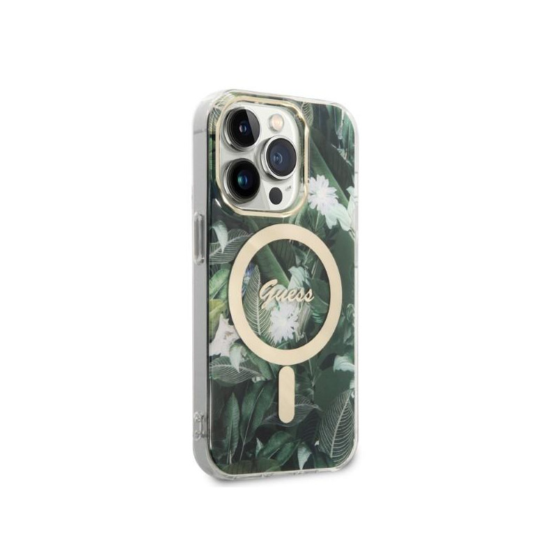 Guess Jungle MagSafe dėklas skirtas iPhone 14 Pro + indukcinis įkroviklis - žalias