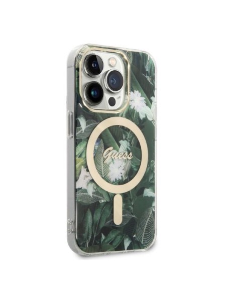 Guess Jungle MagSafe dėklas skirtas iPhone 14 Pro + indukcinis įkroviklis - žalias Guess Jungle MagSafe dėklas skirtas iPhone 14 Pro + indukcinis įkroviklis - žalias