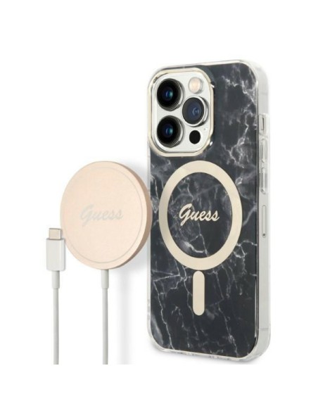 Guess Marble MagSafe dėklas skirtas iPhone 14 Pro + indukcinis įkroviklis - juodas