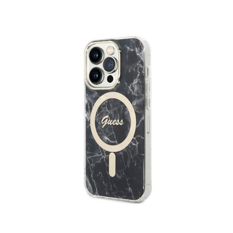 Guess Marble MagSafe dėklas skirtas iPhone 14 Pro + indukcinis įkroviklis - juodas